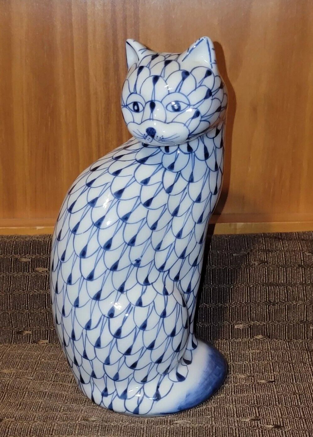 Vtg Andrea by Sadek Hand Painted Cat Fishnet Blue and White Ceramic Figurine