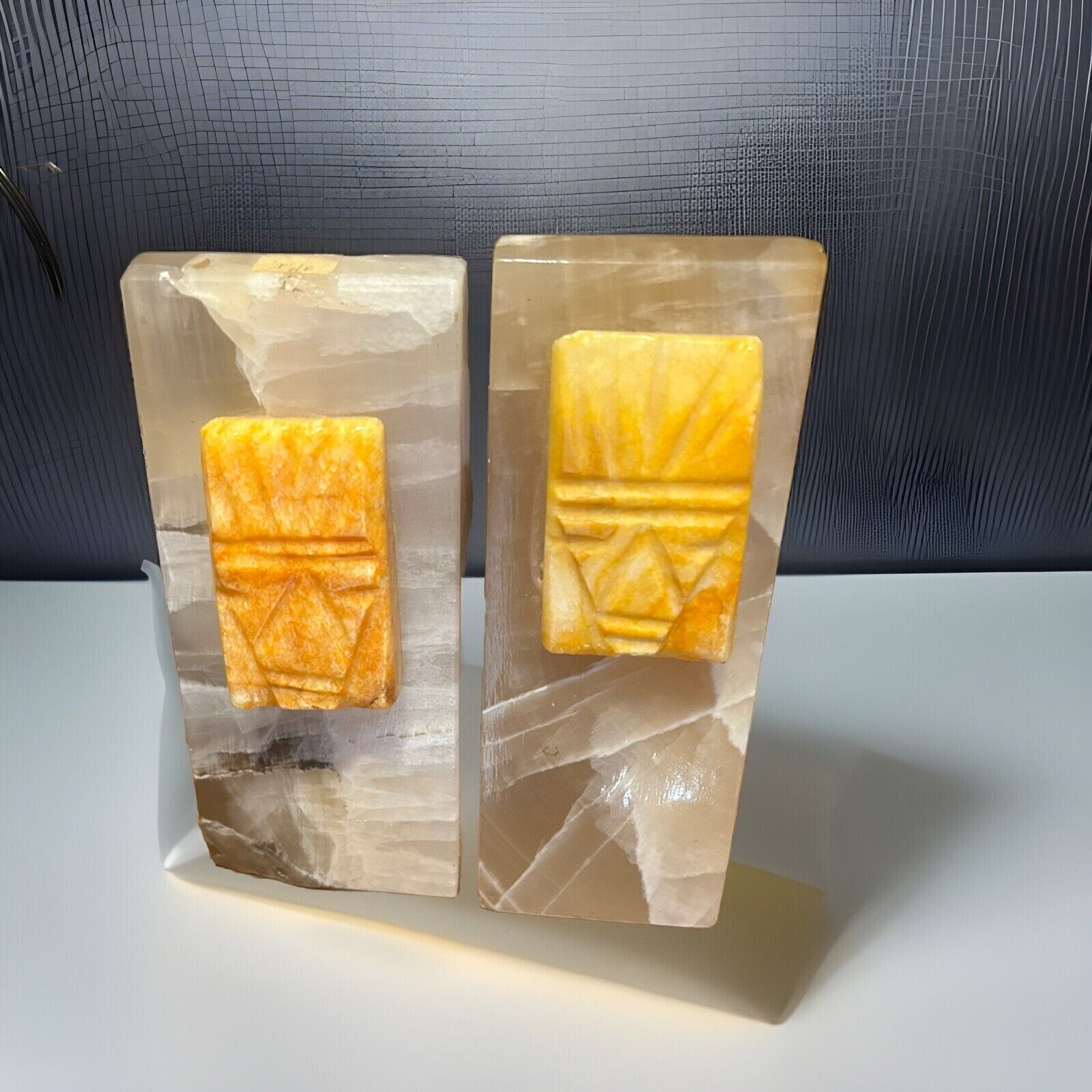 Vintage Mid-Century Marble Onyx Bookends with Carved Mayan Aztec Face 8.5 in
