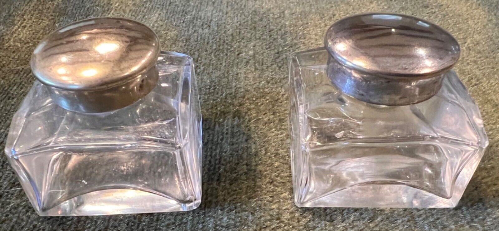 Pair of Antique Victorian  Screw Topped & Glass Square Inkwell