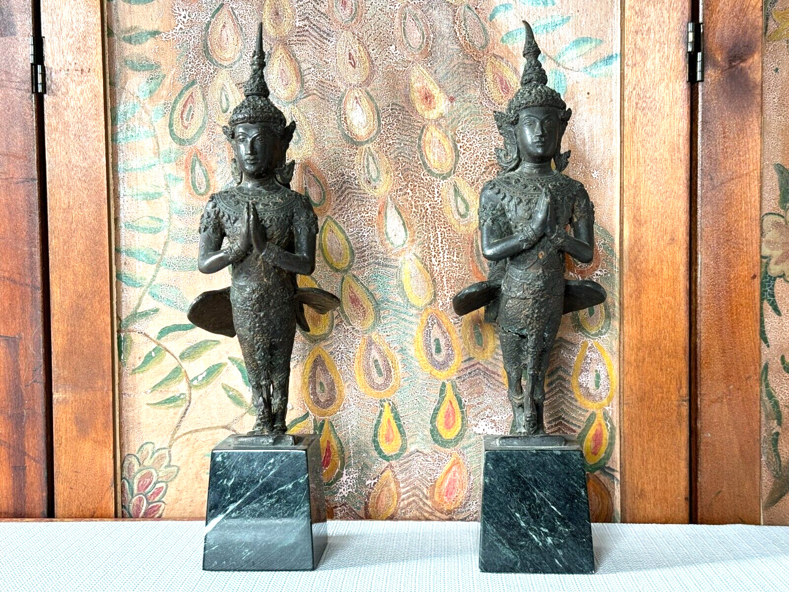Antique Pair of Thailand Thai Siam Bronze Kinnara Buddha Figurines Statues