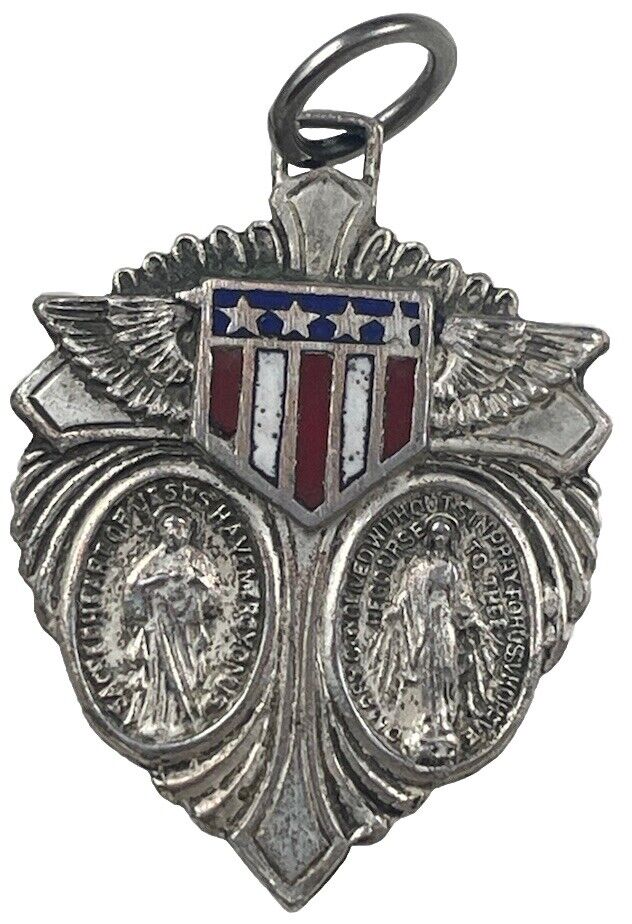 Vintage Catholic US Military Enamel Jesus & Mary Silver Tone Religious Medal