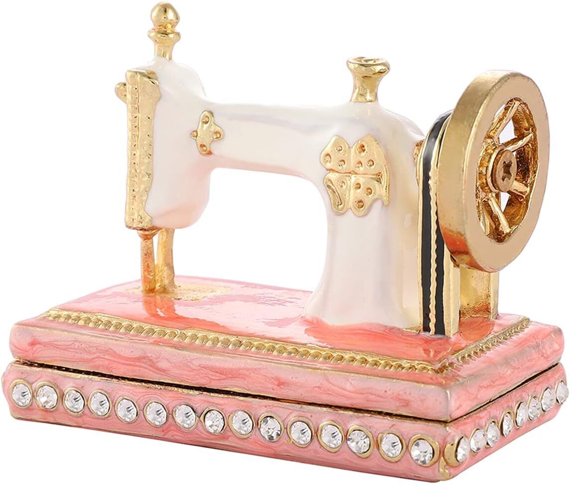 Vintage Sewing Machine Style Pink Mini Metal Enamel Trinket box Hinged, Unique