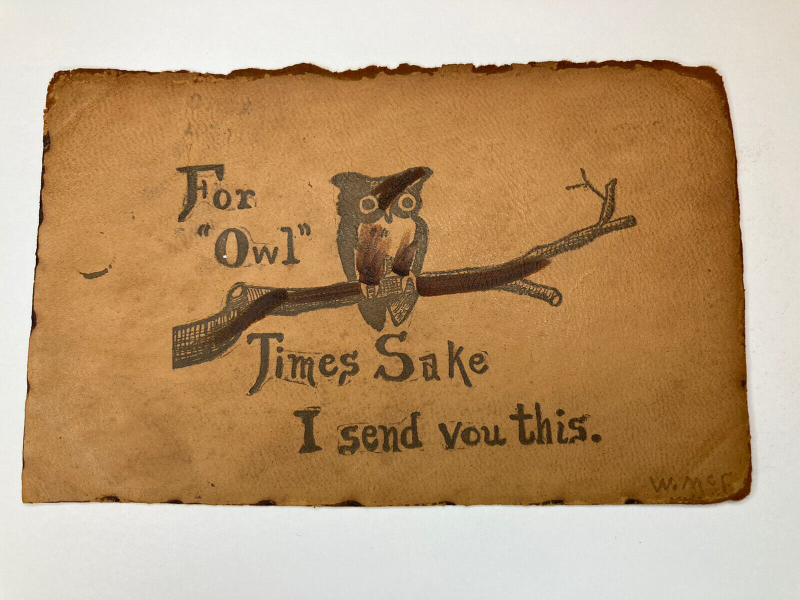 c1905 For “Owl” Times Sake I Send You This ANTIQUE Leather Postcard