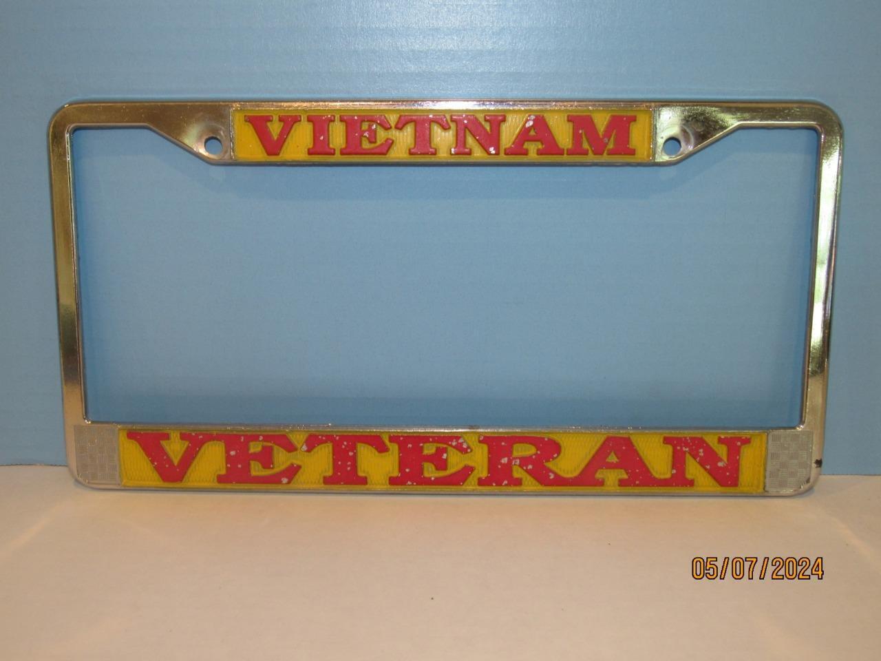 Vintage~VIETNAM VETERAN~License Plate Frame~Chrome~Red~Yellow~Anaheim California