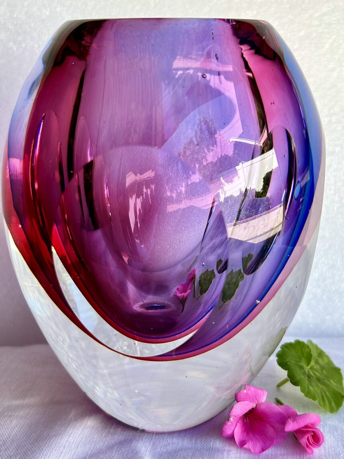 VTG Murano Sommerso Seguso Purple Rose Glass Vase Faceted Flavio Poli 1960’s New