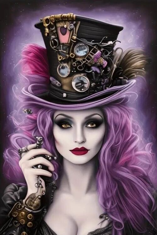 Steampunk Lady Top Hat Purple Hair Gothic Surrealistic Postcard 4\