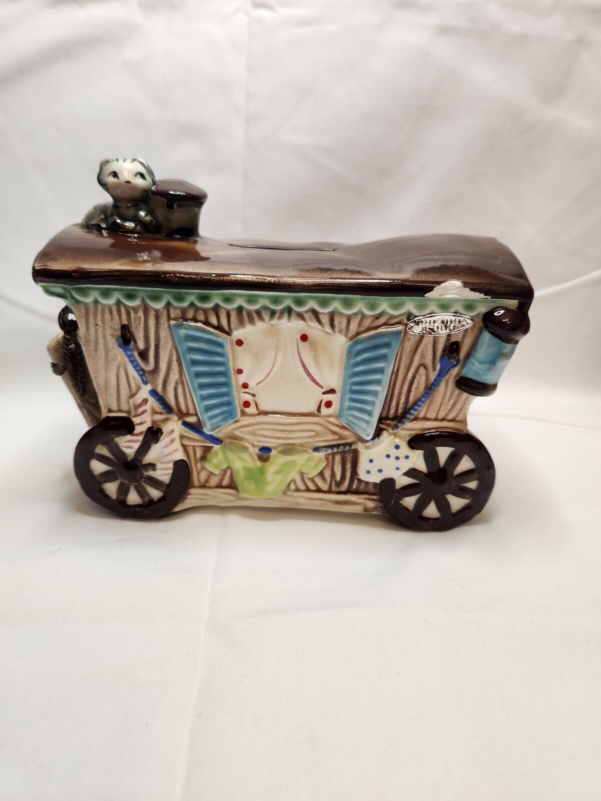 Vintage Enesco Japan Ceramic Bank Gypsy Peddler Wagon With Gray Cat
