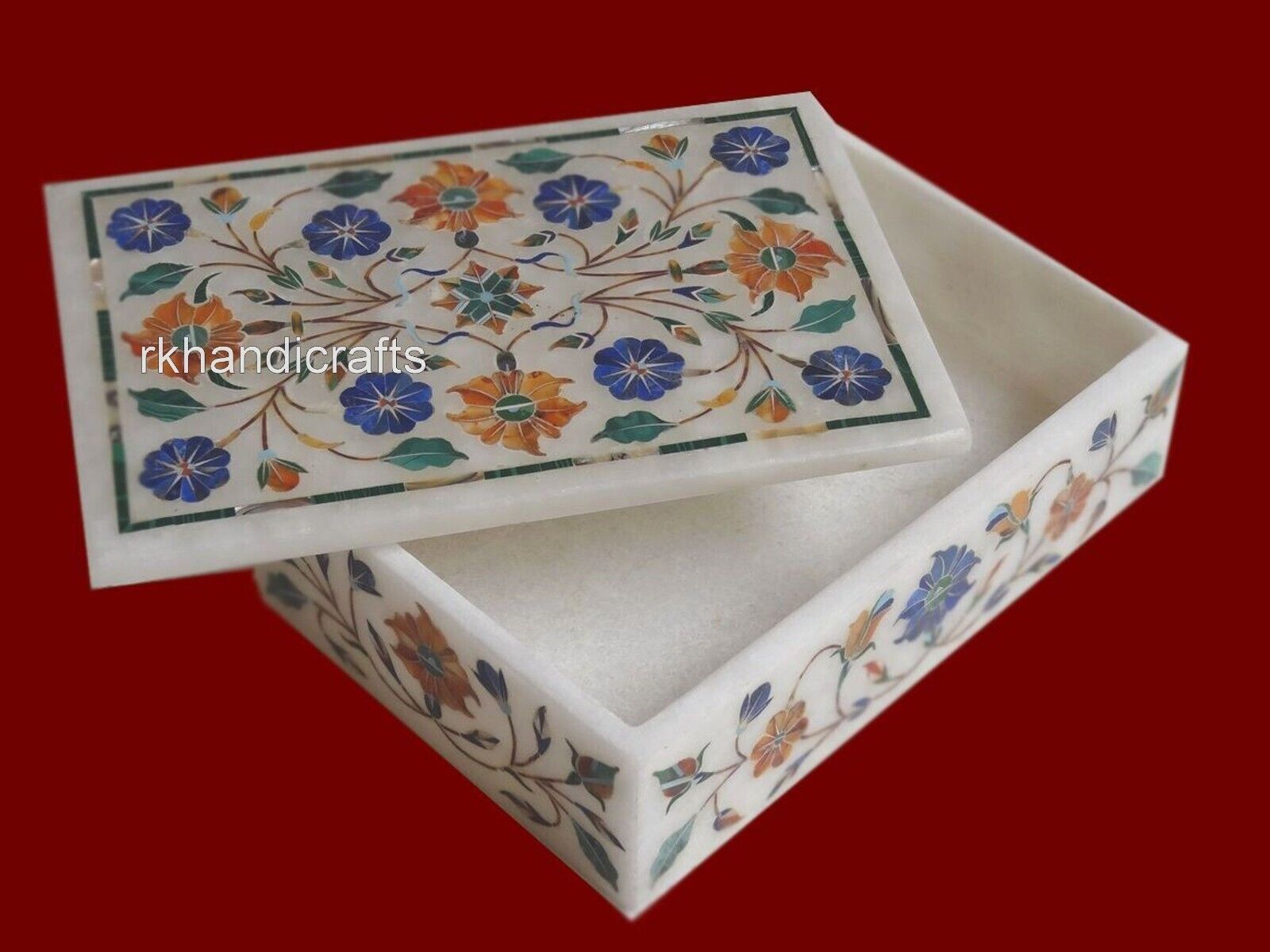 6 x 4 Inches Natural Gemstones Inlay Work Jewelry Box Marble Dressing Table Box