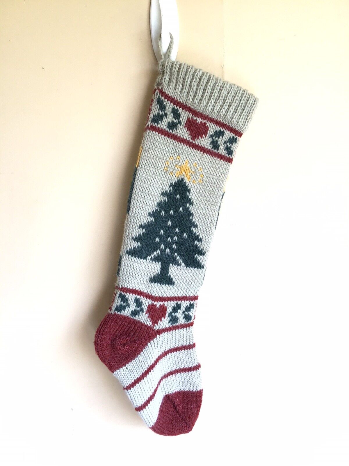 Vintage Russ Berrie & Co Knitted Christmas Tree Heart Acrylic Christmas Stocking
