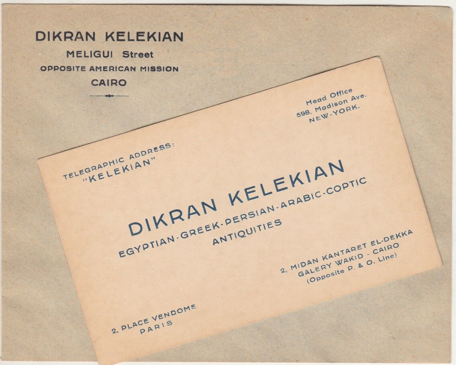 EGYPT Rare Letterhead & ID Card Armenian Antiques Dealer DIKRAN KELEKIAN 1930s