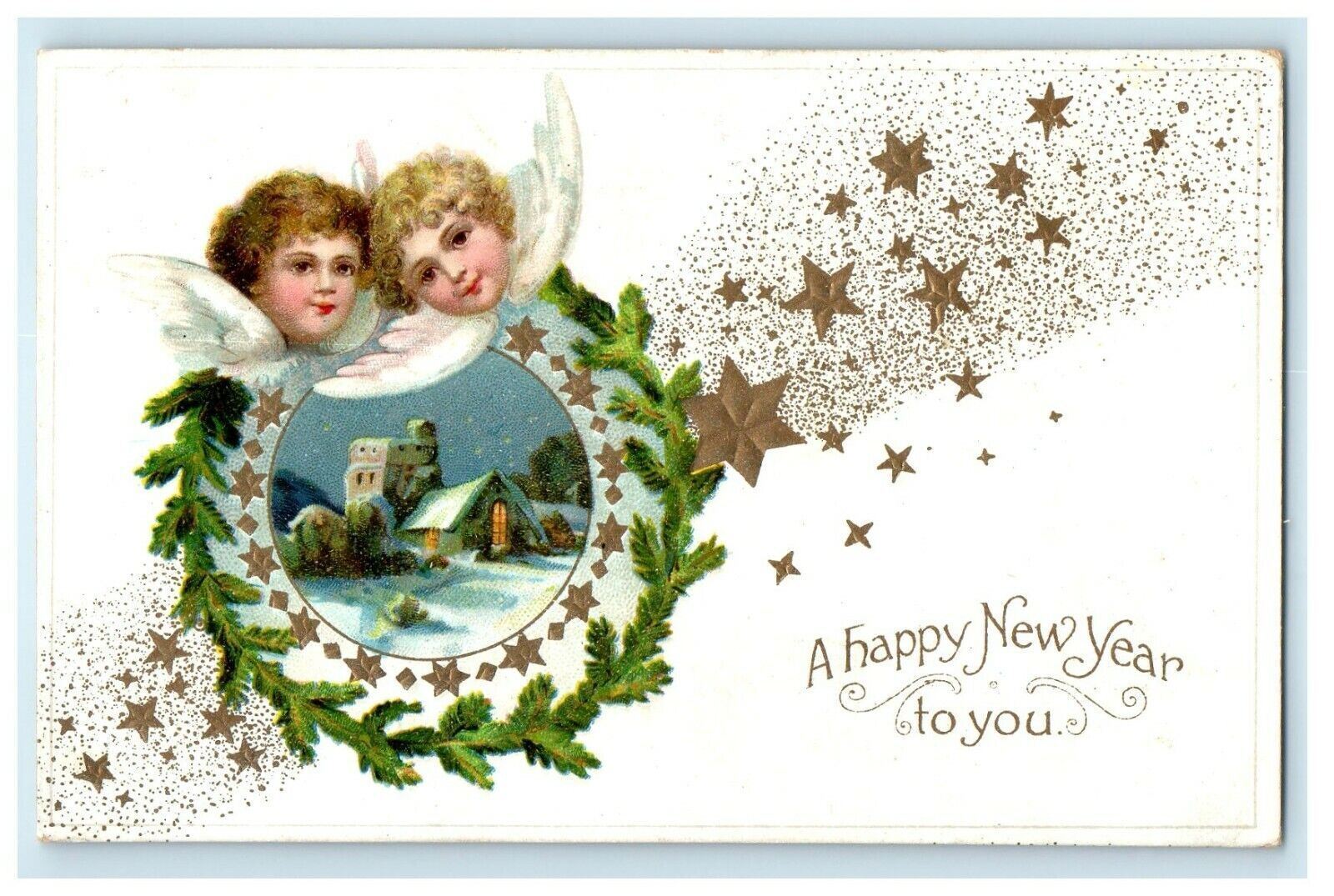 1908 New Year Angels Cherubs Head Clapsaddle (?) Stars Winter Antique Postcard