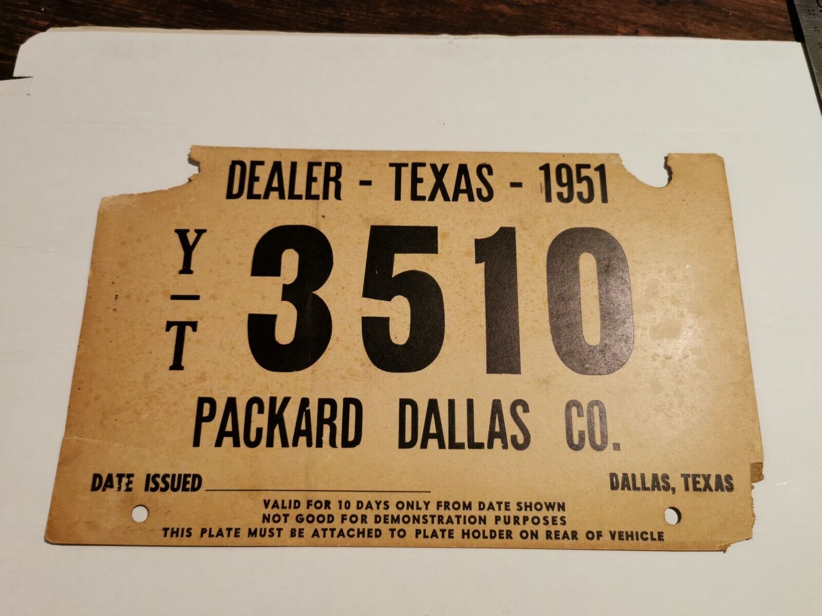 VINTAGE 1951 Packard Dealer Texas Paper License Plate Tag VERY RARE