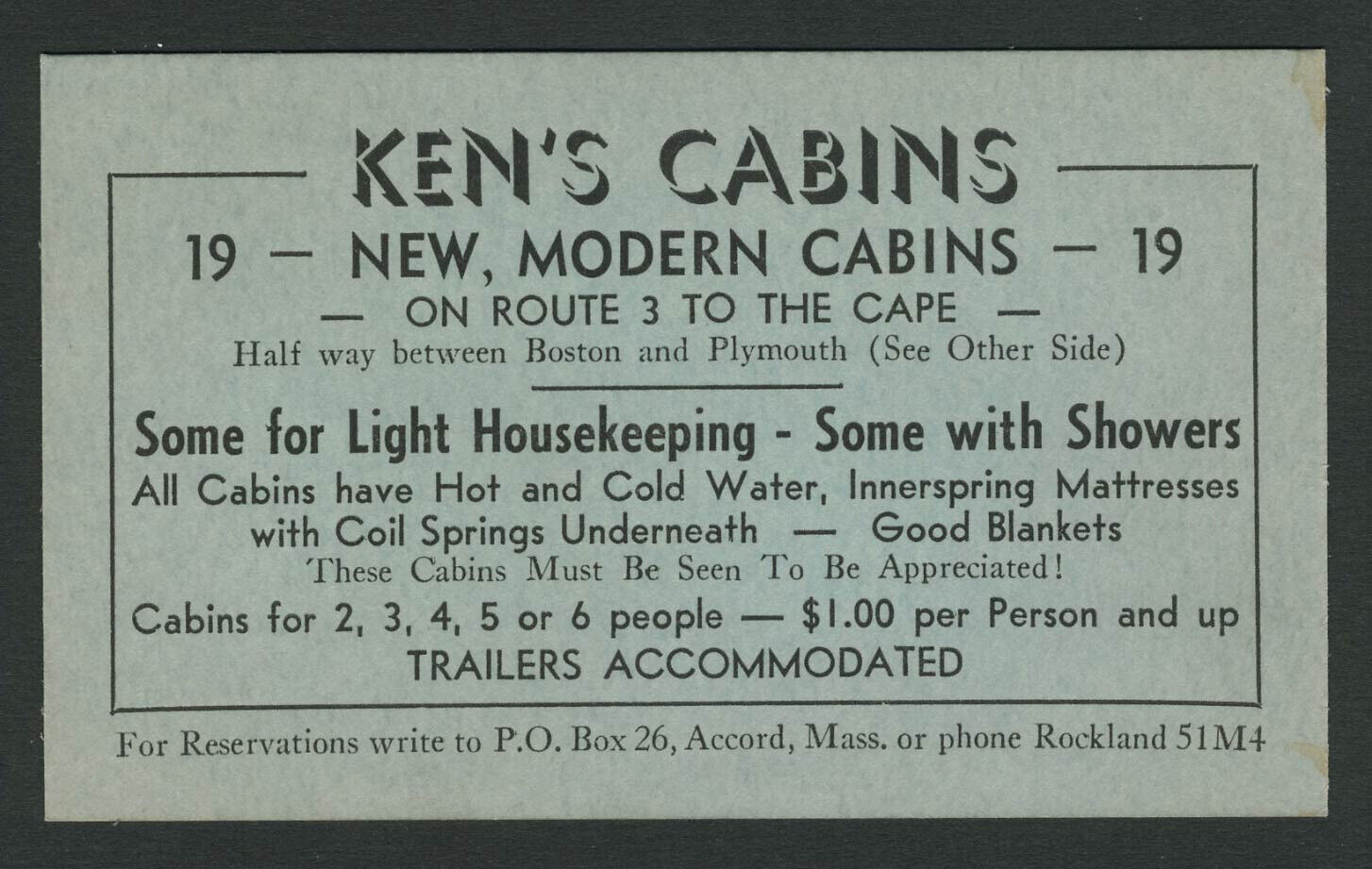 Norwell N Scituate MA: c.1940s Business Card KEN\'S MODERN CABINS Route 3 to Cape
