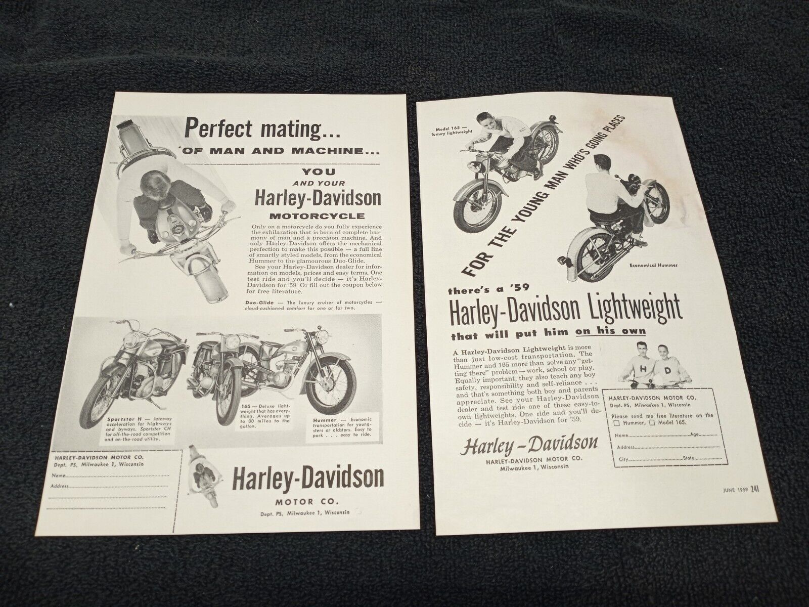 2 Vintage 1958 1959 HARLEY DAVIDSON MOTORCYCLE ADS LITERATURE print ads