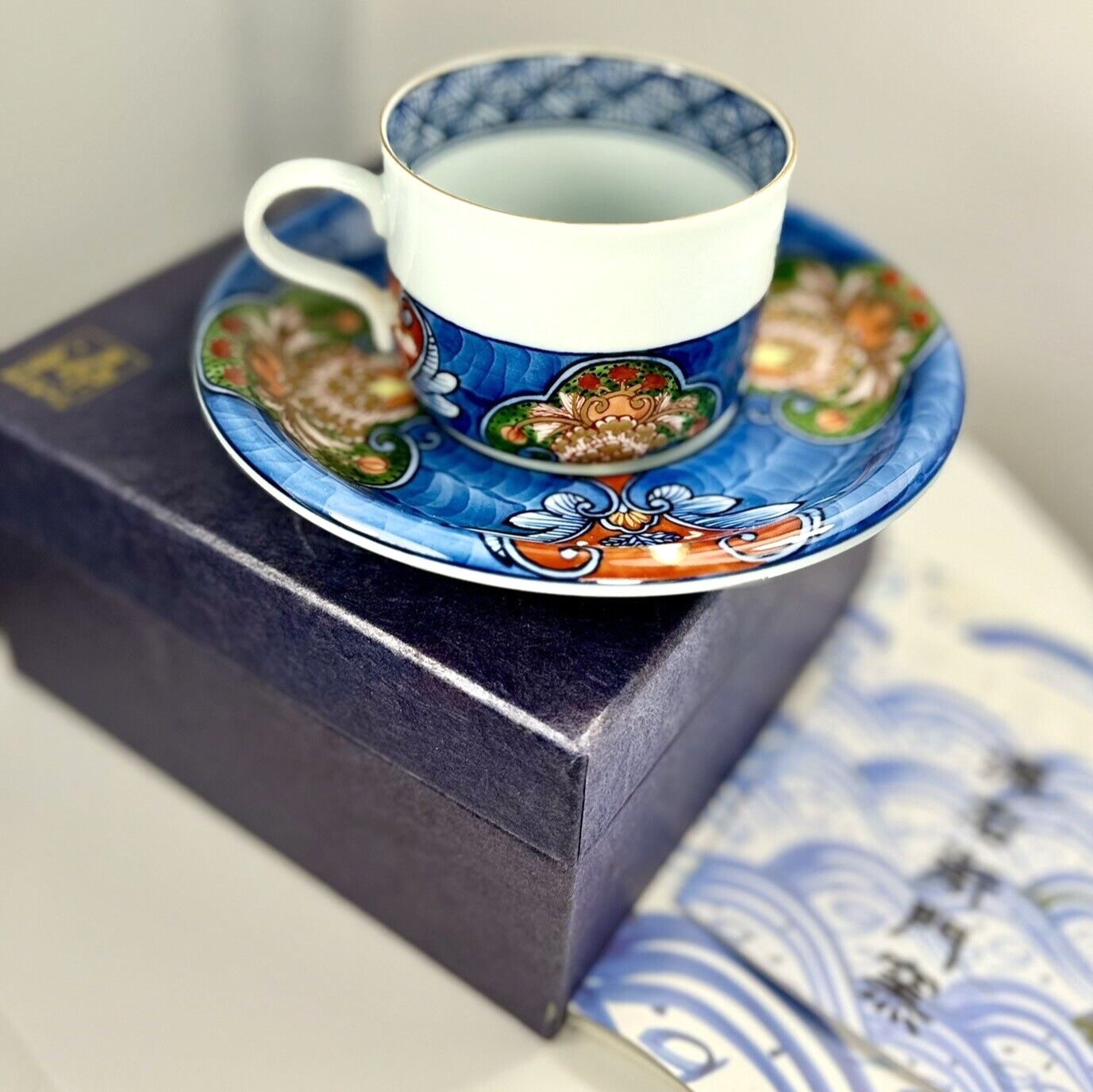 Mint Signed Arita Porcelain Genemon Kiln Seishi Banreki Teacup & Saucer In Box