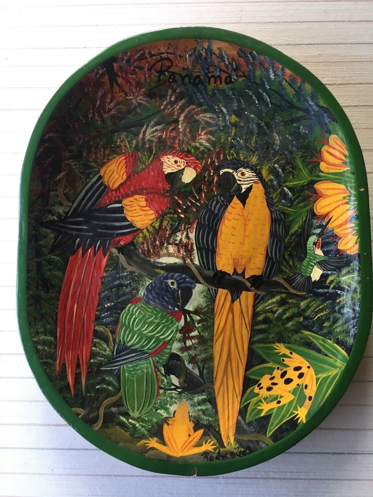 Vintage Panama Handpainted Parrot Birds for Wall Wooden Tray, 17 1/2\