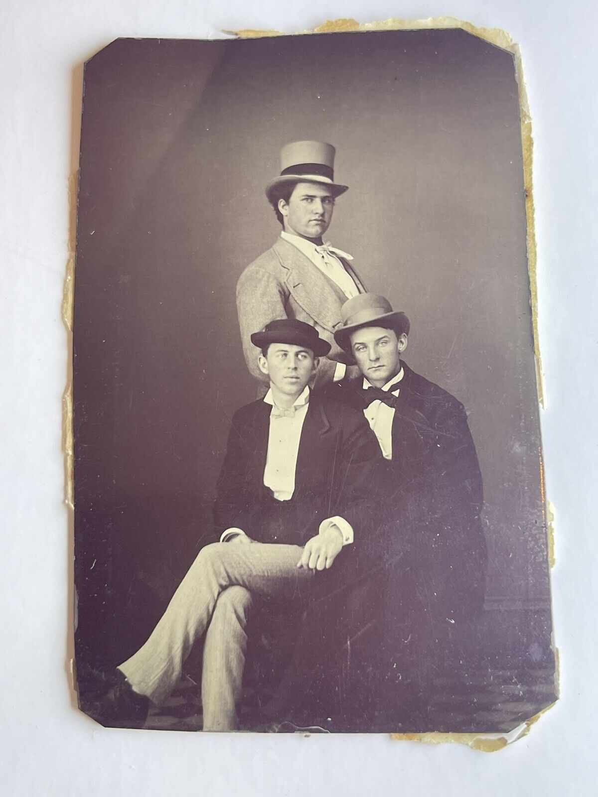 Antique Tintype Photo Three Men with Hats Super Clear