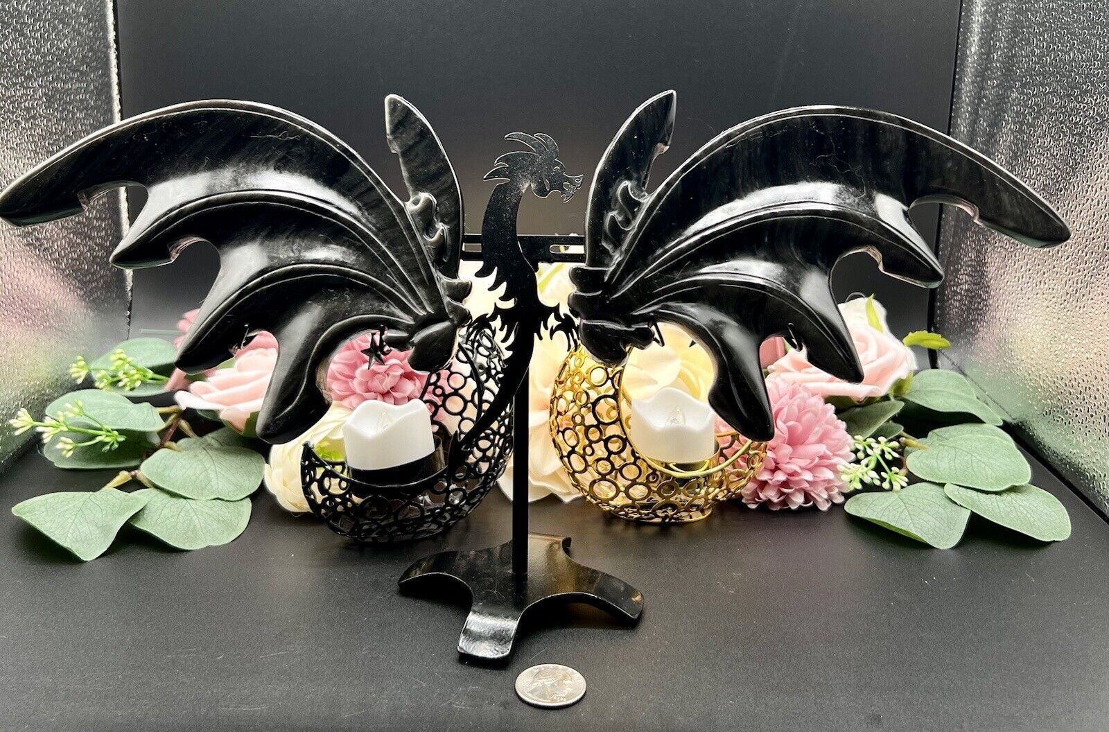 Natural AMAZING Silversheen Obsidian Dragon wings w/ stand  & Gift