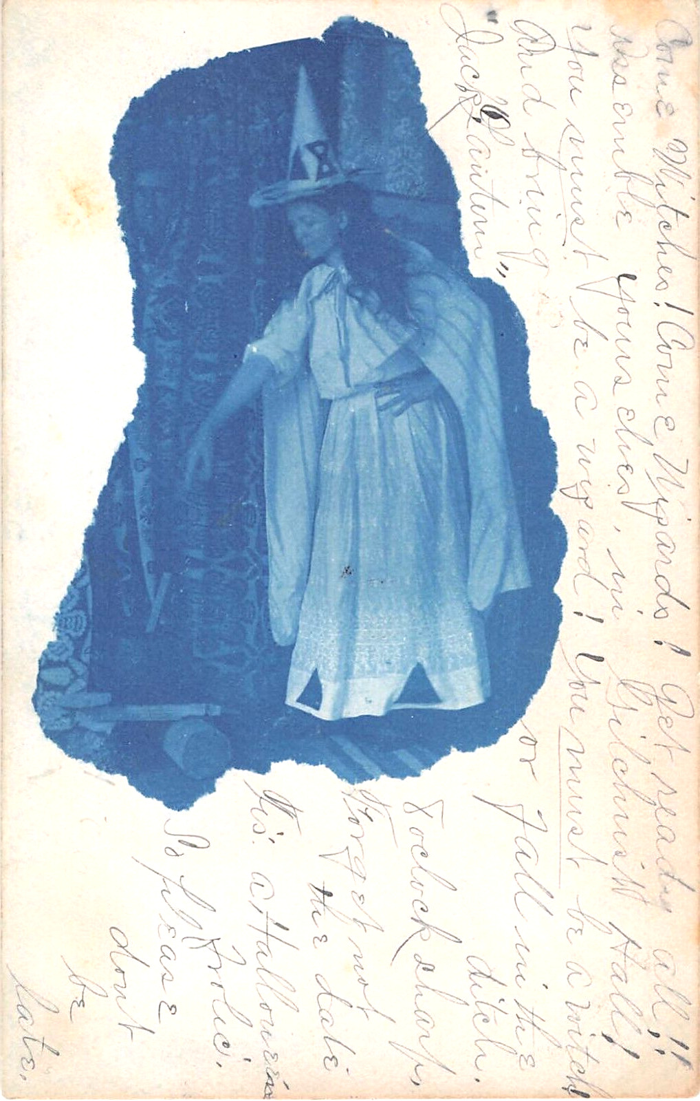 1906 RPPC Young Woman in Witch Costume Cyanotype Vinton Iowa Nice Halloween Card