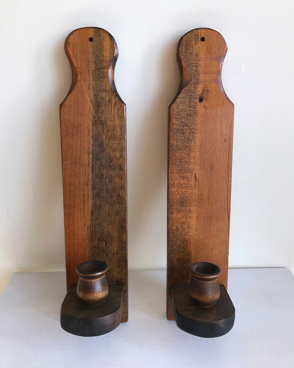 Two Vintage Hand Crafted Wooden Candlestick Candle Holder Wall Walnut Stained