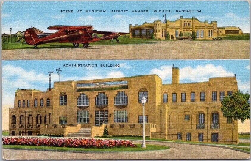 c1940s WICHITA, Kansas Postcard MUNICIPAL AIRPORT Hangar & Admin Bldg. Views