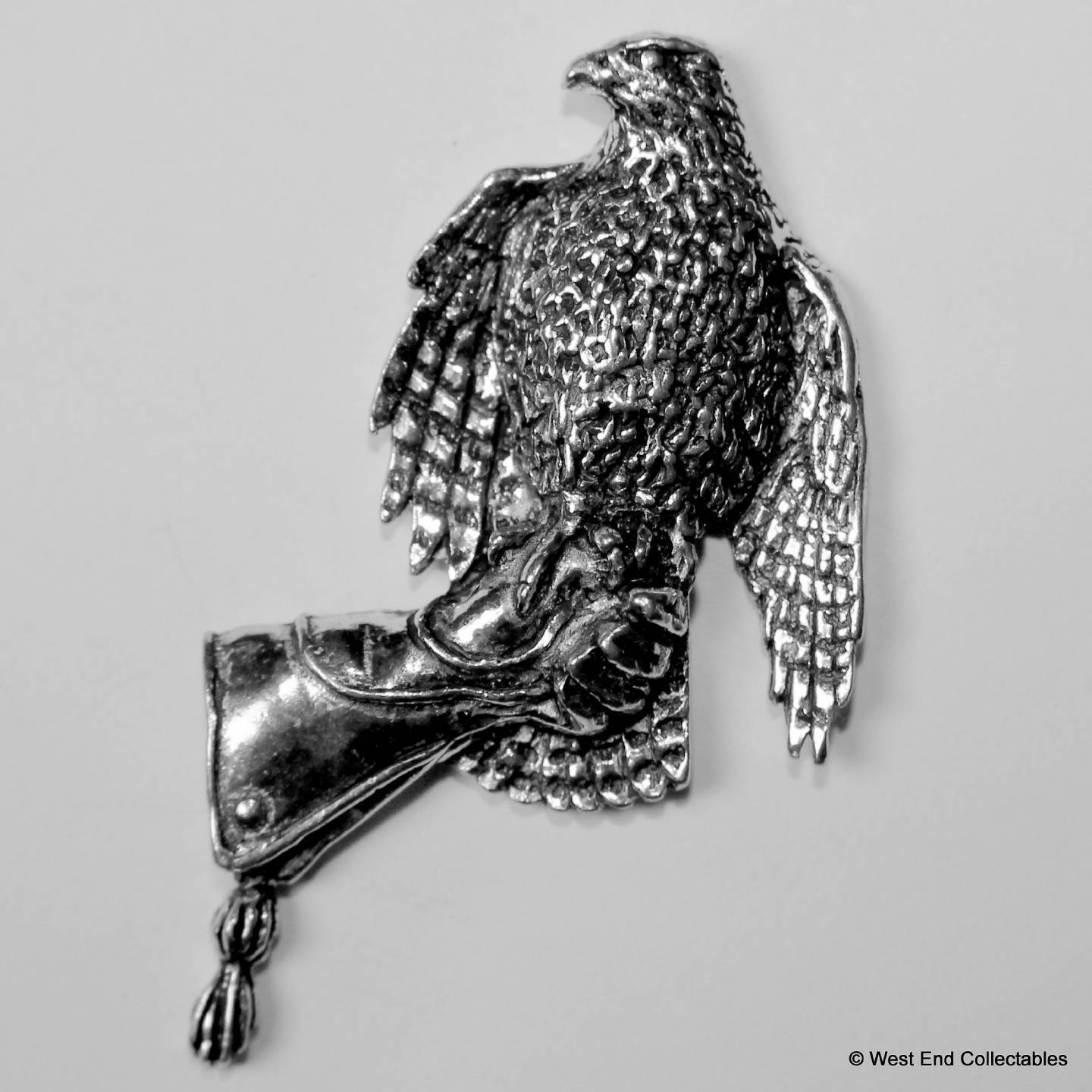Large Hawk on Gauntlet Pewter Pin Brooch -British Hand Crafted- Falconry Raptor