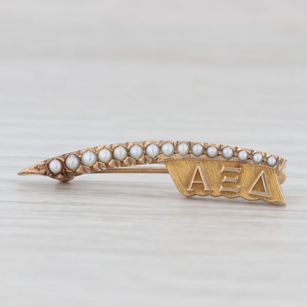 Alpha Xi Delta Quill Pin 10k Gold Pearl Vintage Greek Sorority Badge
