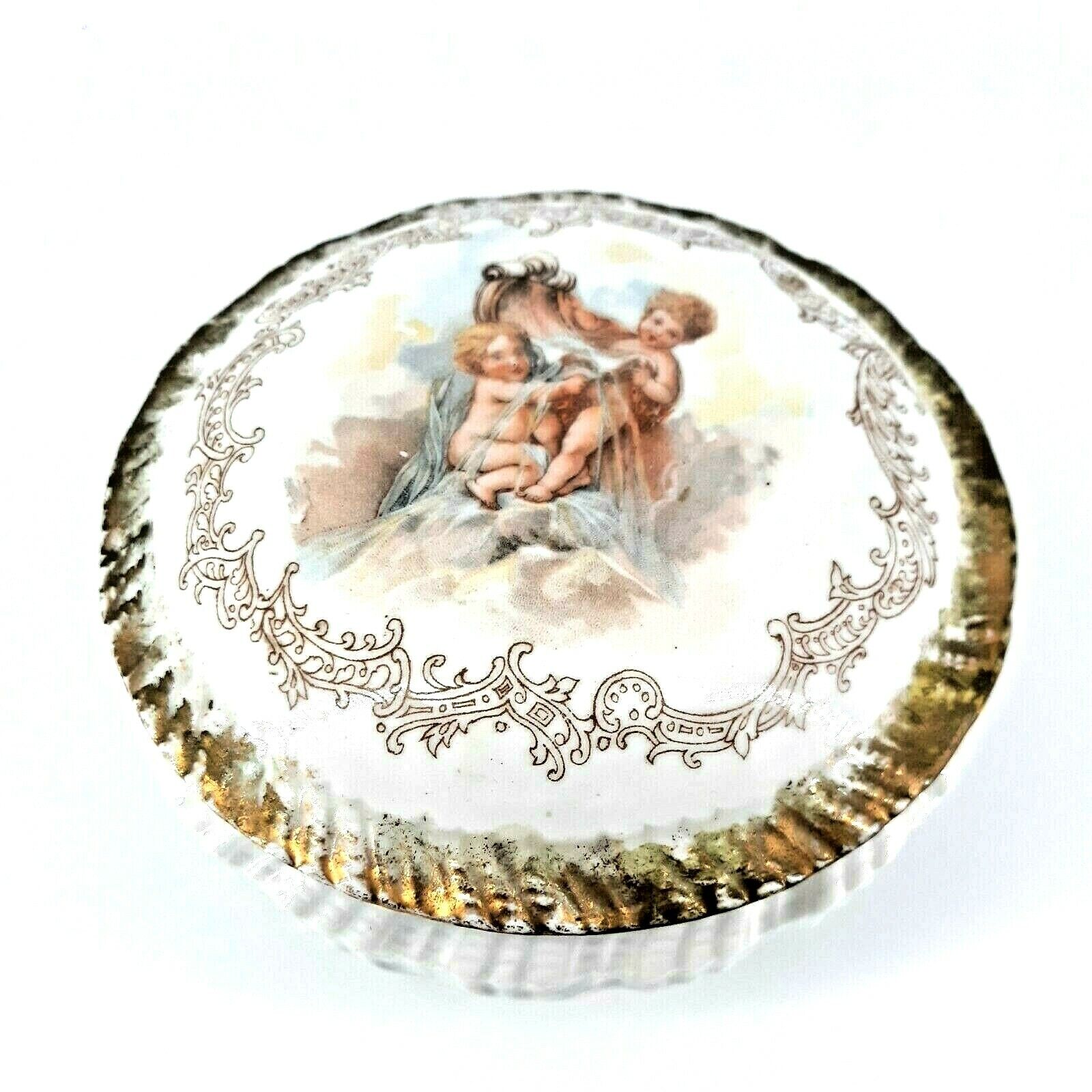 Vintage LS & S Carlsbad Austria Porcelain Box Trinket Powder Cherub Water Gold