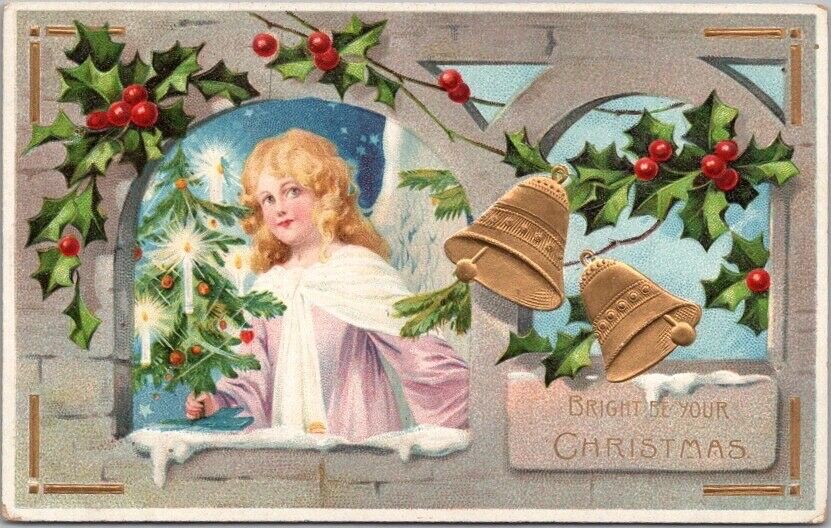 c1910s MERRY CHRISTMAS Embossed Postcard Angel Girl / Gold Church Bells / Holly