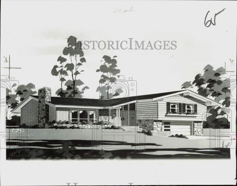 1966 Press Photo Artist\'s Rendering of Stone-Accented Split Level Home