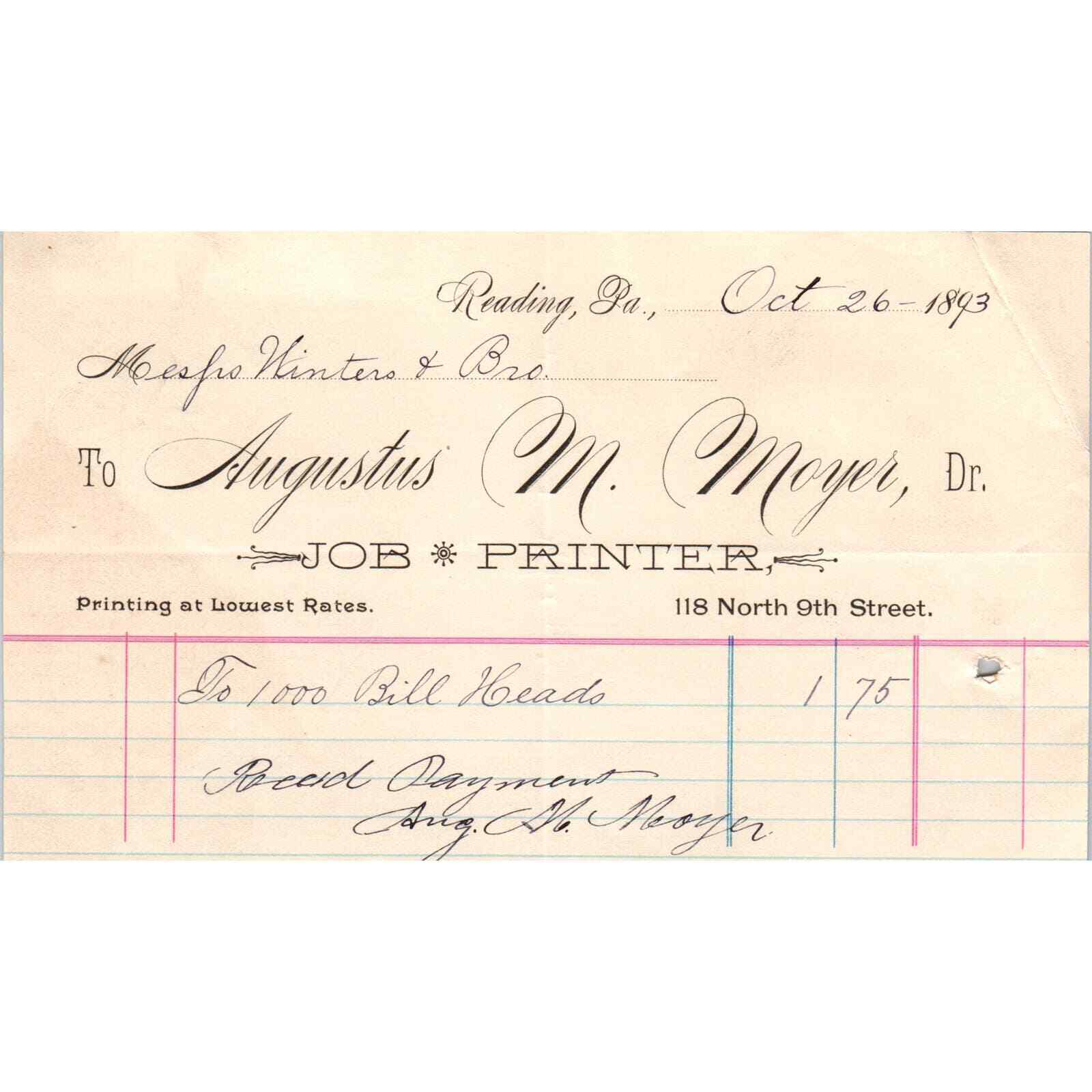1893 Augustus M. Moyer Printer Reading PA Original Billhead Receipt AE7