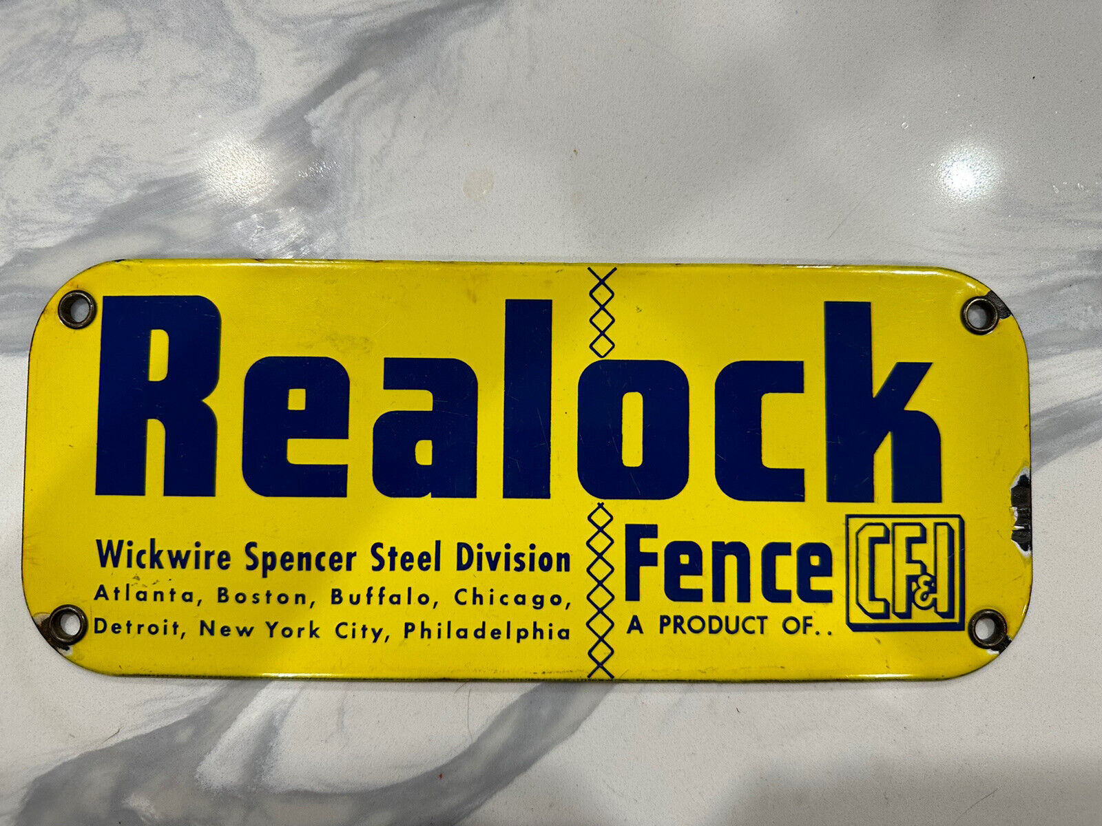 Vintage Realock Fence Porcelain Sign Wickwire Spencer Steel Division used