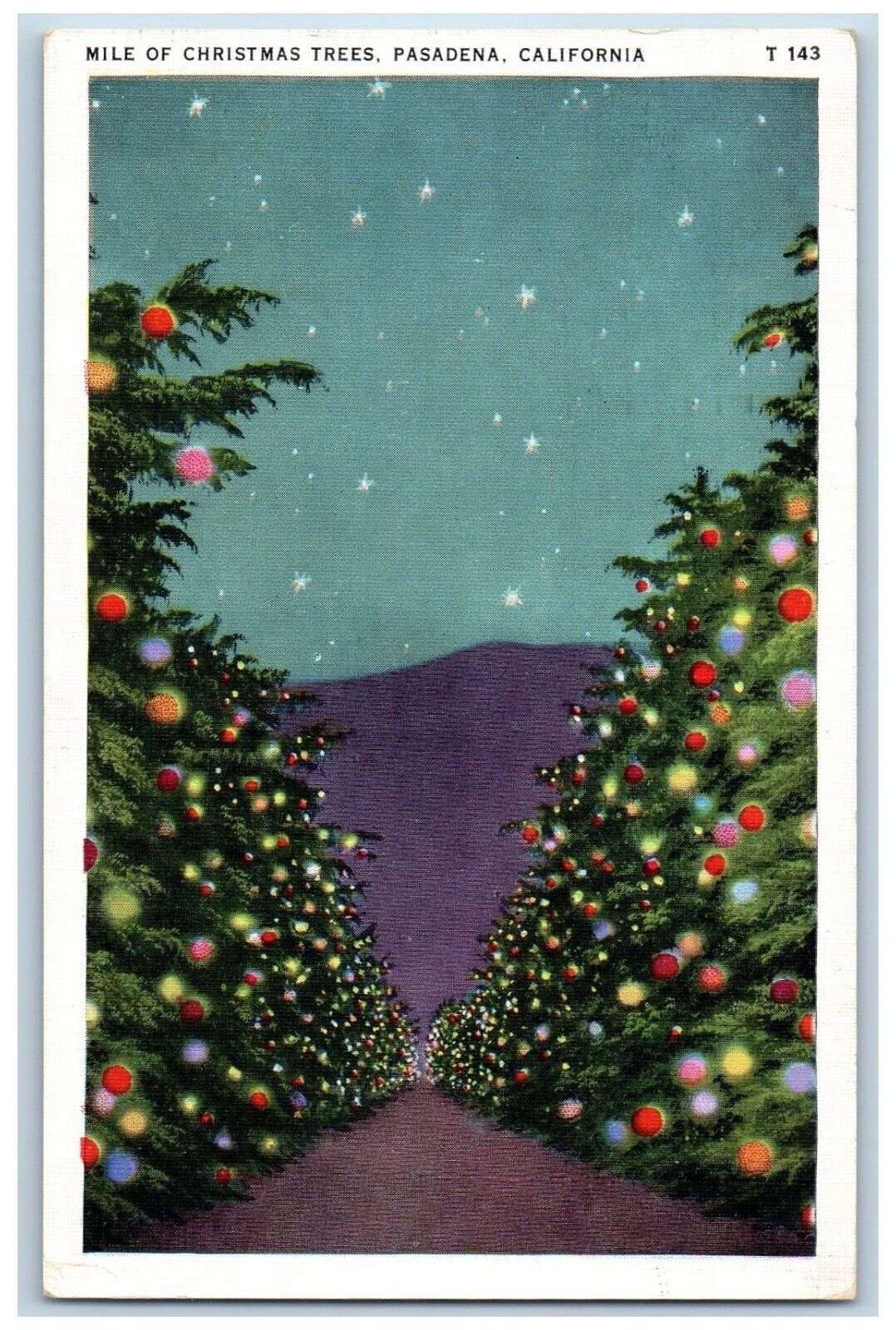 Pasadena California Postcard Mile Christmas Trees Scenic View Lights 1936 Posted