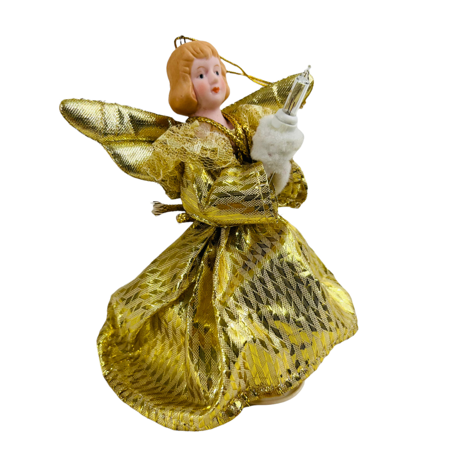 Vintage Christmas Tree Angel Hanging Lighted Ornament Ceramic Head Gold Dress 5\