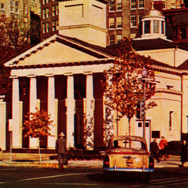 Vintage 1964 St John Church Lafayette Square Washington DC Postcard Latrobe Taxi