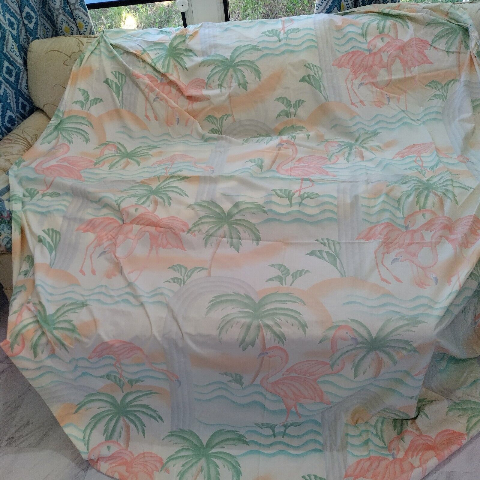 Vintage Cannon Queen Size Tropical Pink Flamingo Palm Tree Fitted Sheet