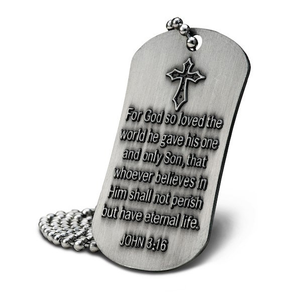 John 3:16-Antique Finish Dog Tag Necklace with Two Free Holy Cards Included