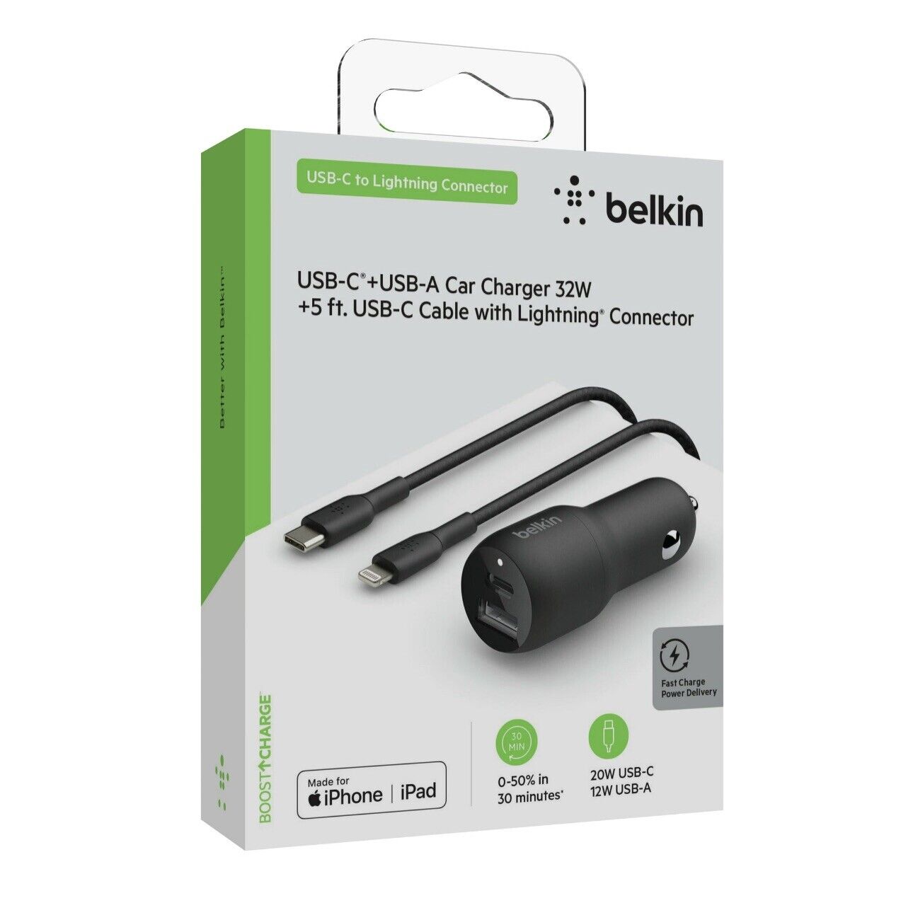 Belkin CCB003-05-BK Boostcharge Usb C + USB A Car Charger With 5ft USB C To A