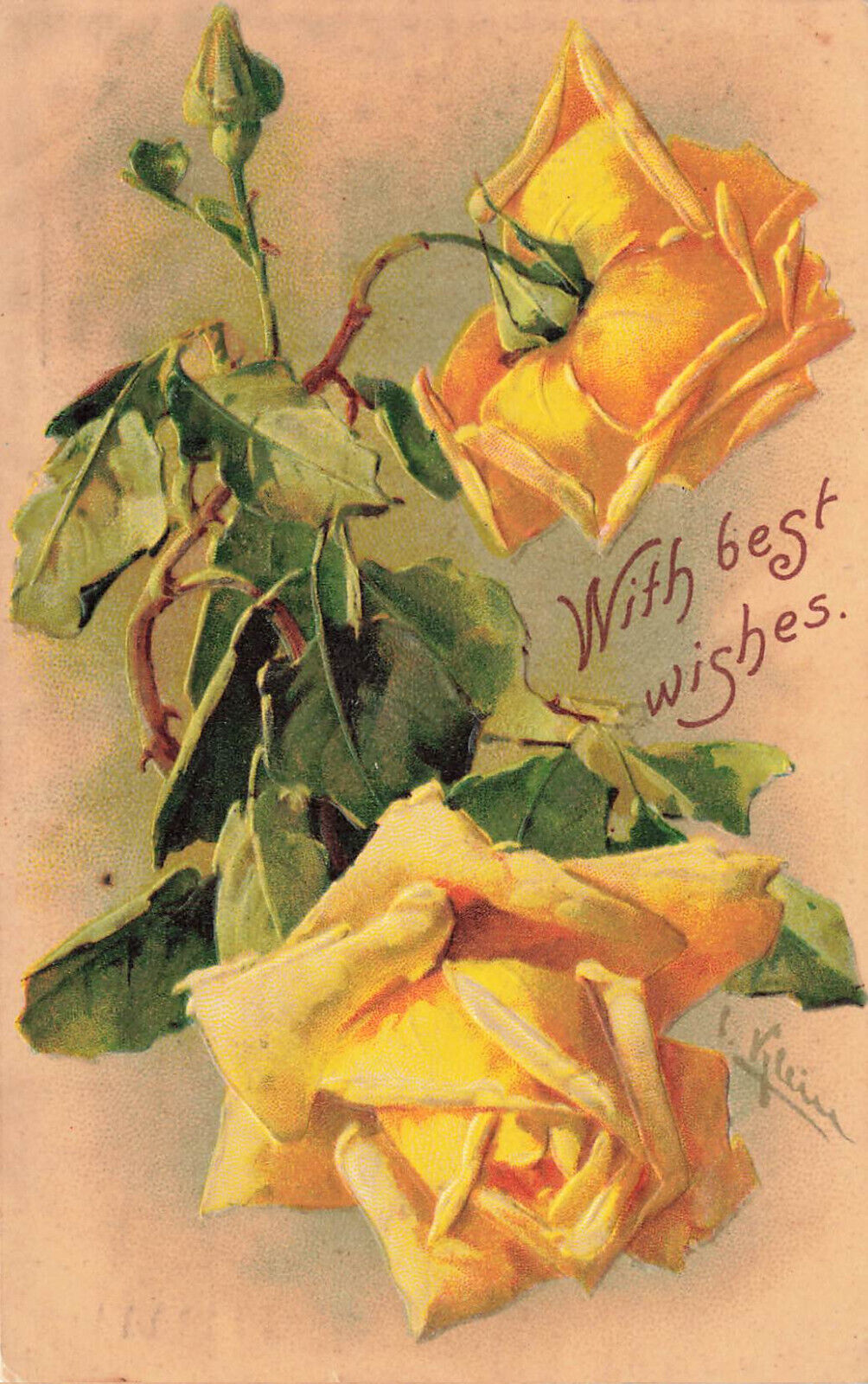 LOVELY VINTAGE A/S C KLEIN YELLOW ROSE EMBOSSED GREETINGS POSTCARD 1908 011823 S