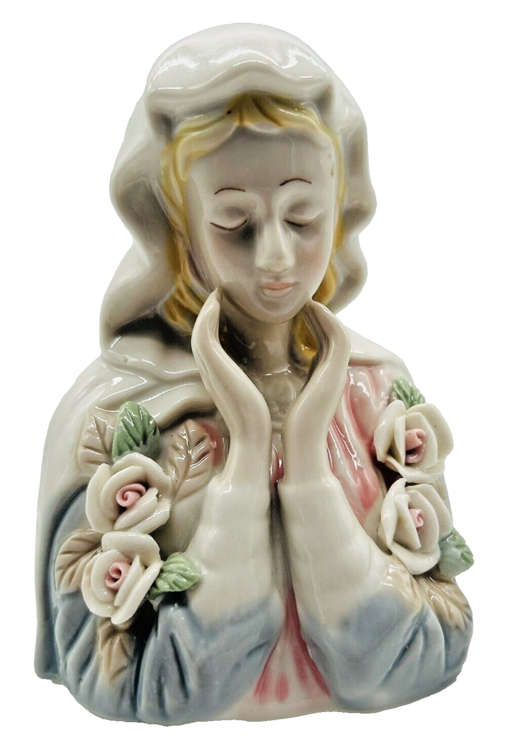 Vintage Virgin Mary Figurine Porcelain Mother Madonna Capodimonte Flowers