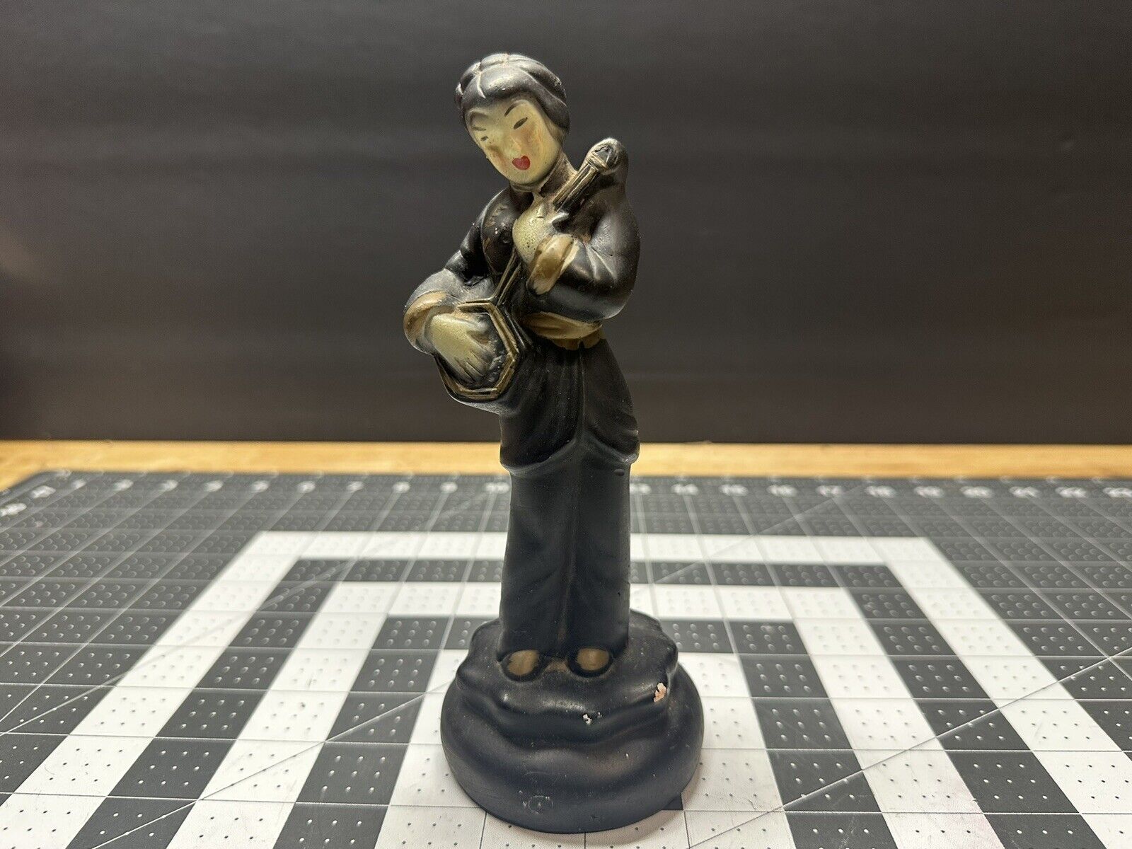 Vintage 1950's Asian Woman Playing Music Instrument Chalkware Musician Figurine