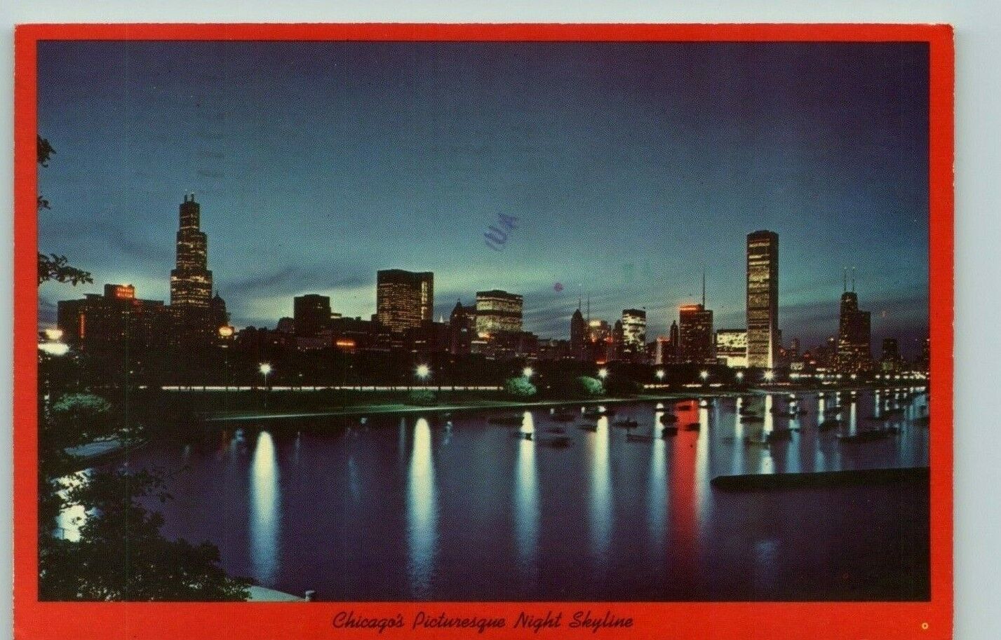 Chicago\'s Picturesque Night Skyline seen from Shedd Aquarium 1977 