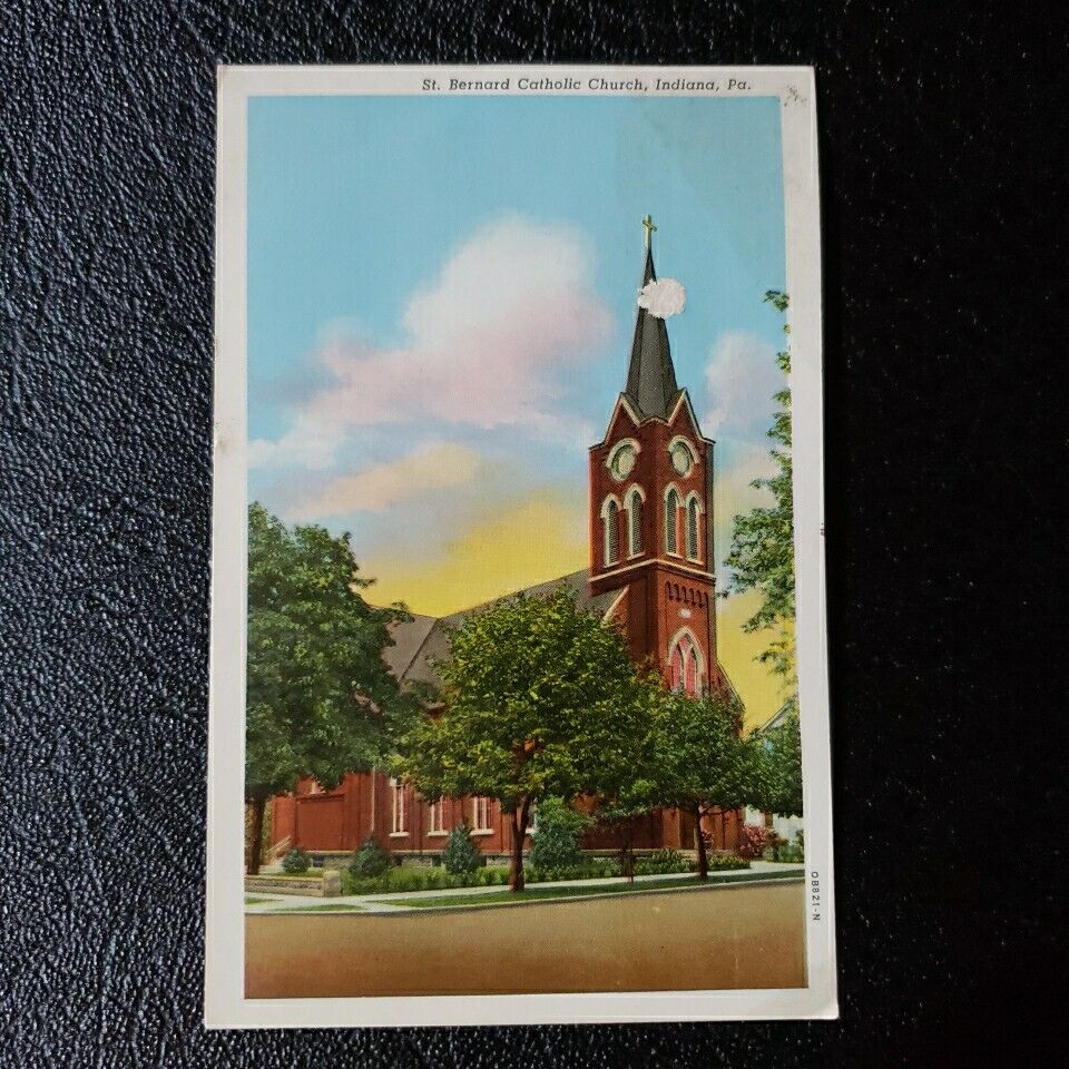 Indiana PA Pennsylvania vintage linen postcard, St Bernard Catholic Church