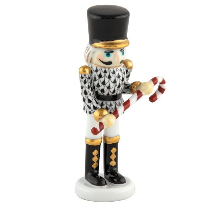 HEREND, NUTCRACKER WITH CANDY CANE, BLACK  FISHNET,  #VHNM-16309, NEW & MIB