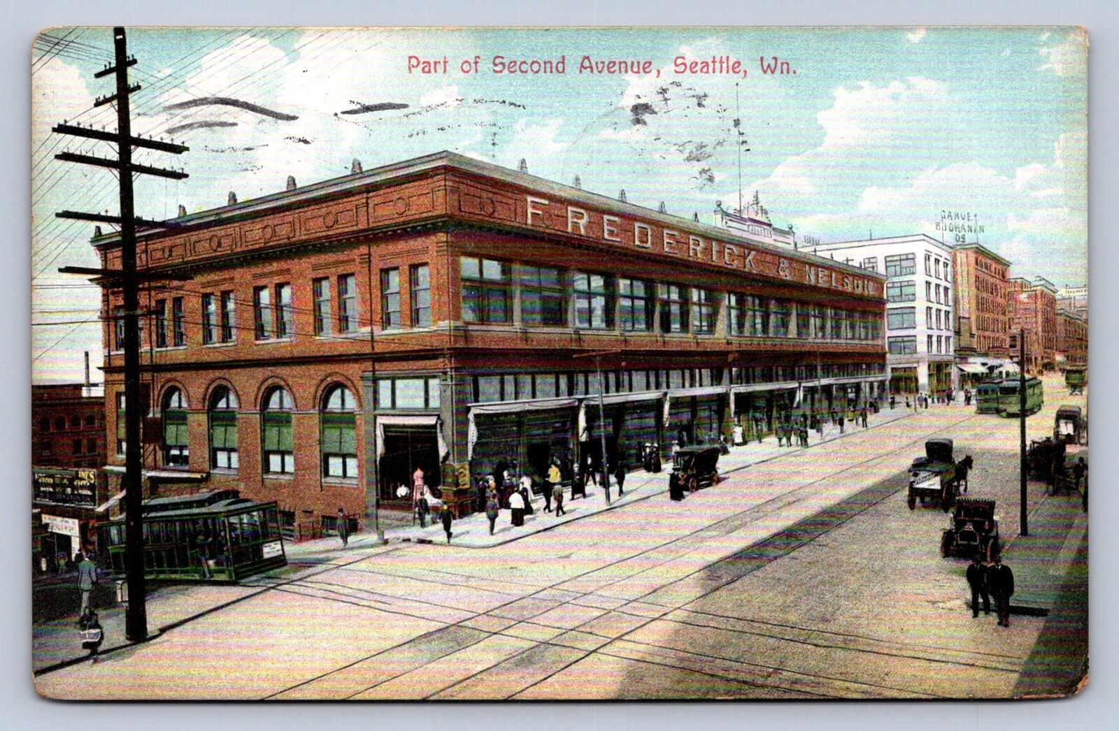 K1/ Seattle Washington Postcard c1910 Second Avenue Stores Trolley 410
