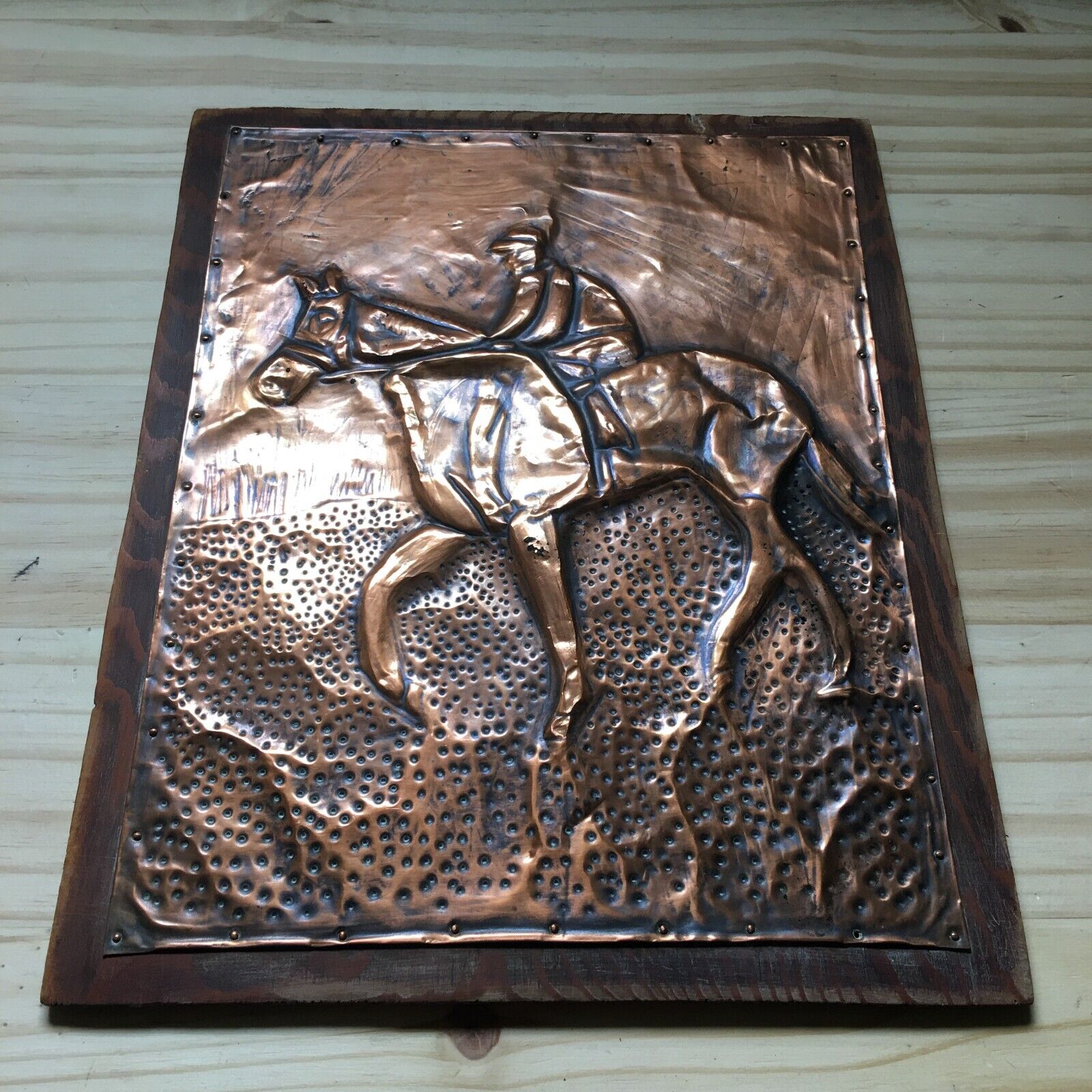 Vintage HANDCRAFTED HAMMERED COPPER The Man On The Horse Wooden Board 12
