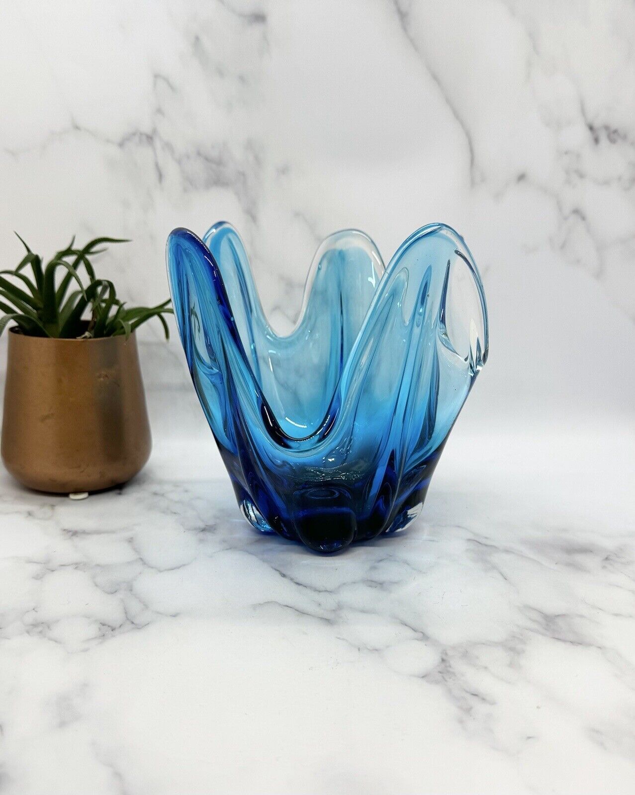 Vintage Five 5 Petal Blue Glass Swung Vase Handkerchief Bowl