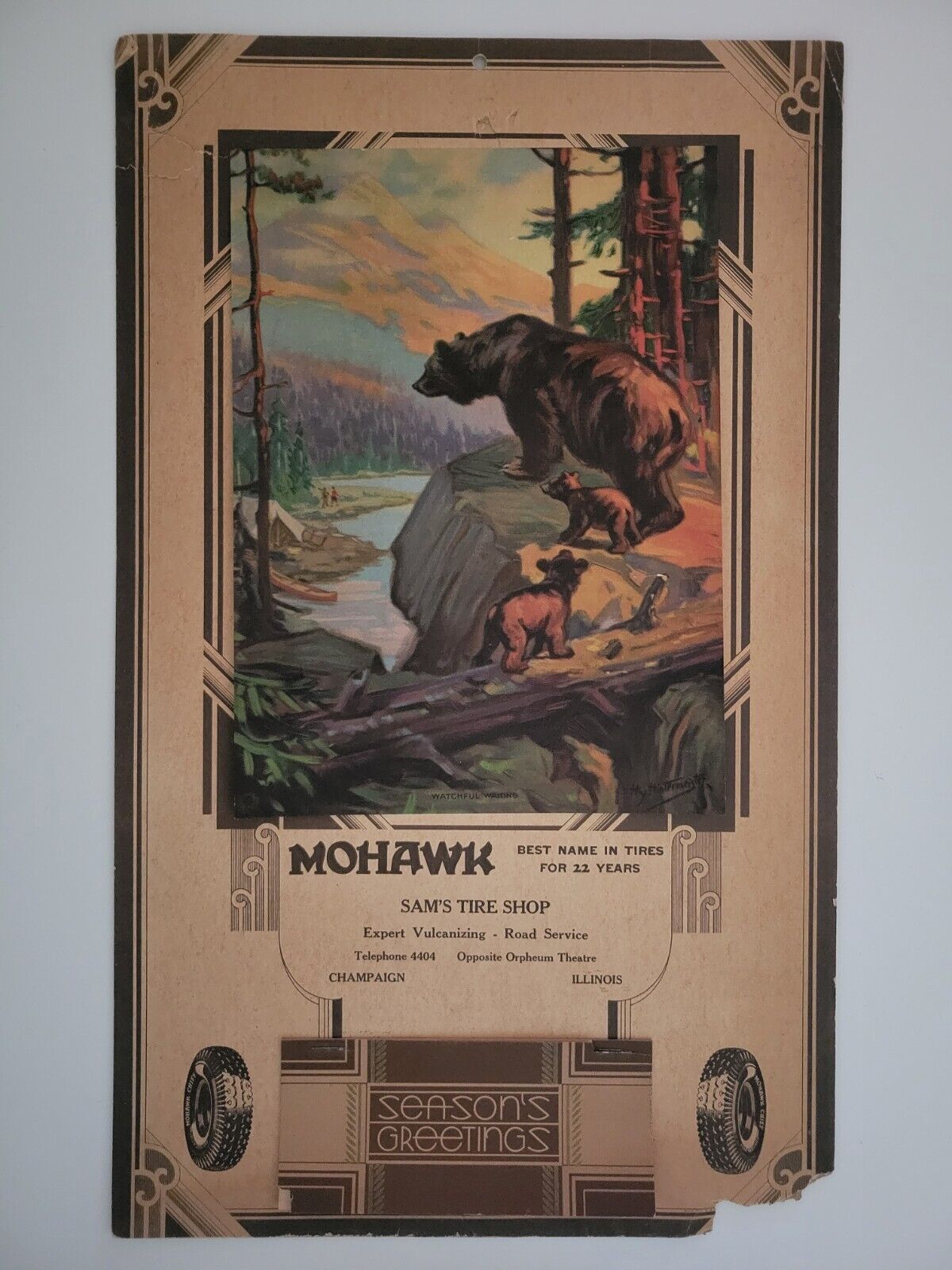 VTG 1935 MOHAWK TIRES ADVERTISING CALENDAR 16x11 SIGN BEARS CUB LITHO PRINT RARE