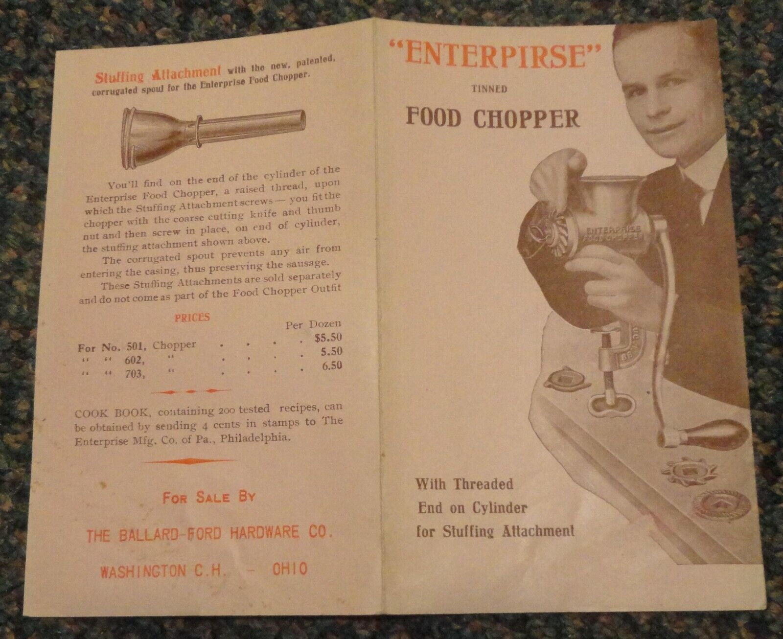 c1920s Enterprise Food Chopper flyer mis-spelled ENTERPIRSE Washington C H Ohio 