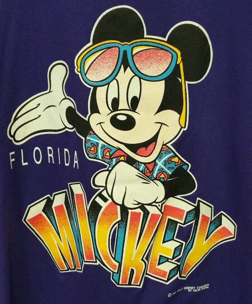 VTG 1980s Mickey Mouse Florida Shirt Velva Sheen Walt Disney Bold Graphic Mens L